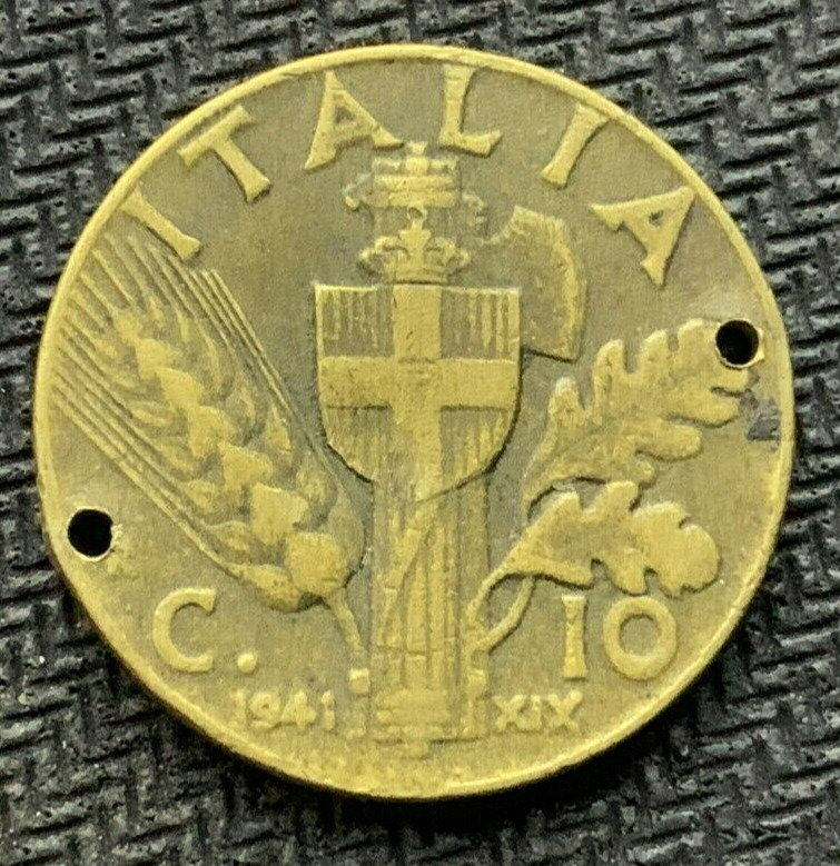 1941 Italy 10 Centesimi Coin Vf  ( Holed Ww2 Coin ) Condition Rarity  #k1783